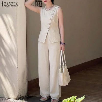 ZANZEA Fashion O Neck Sleeveles Tanks Tops Pants Sets Summer Women Matching Sets Irregular Buttons Up Blouse Trousers OL Outfits