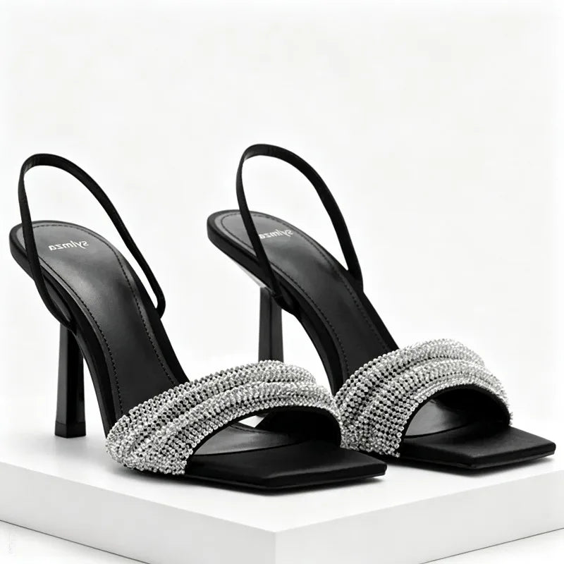 Rhinestone Decorated Slingback Heeled Sandals Women Sexy Square Toe Designer Heels Summer Elegant Party Wedding Shoes for Women