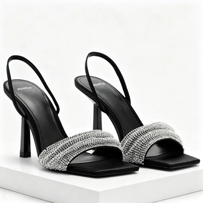 Rhinestone Decorated Slingback Heeled Sandals Women Sexy Square Toe Designer Heels Summer Elegant Party Wedding Shoes for Women