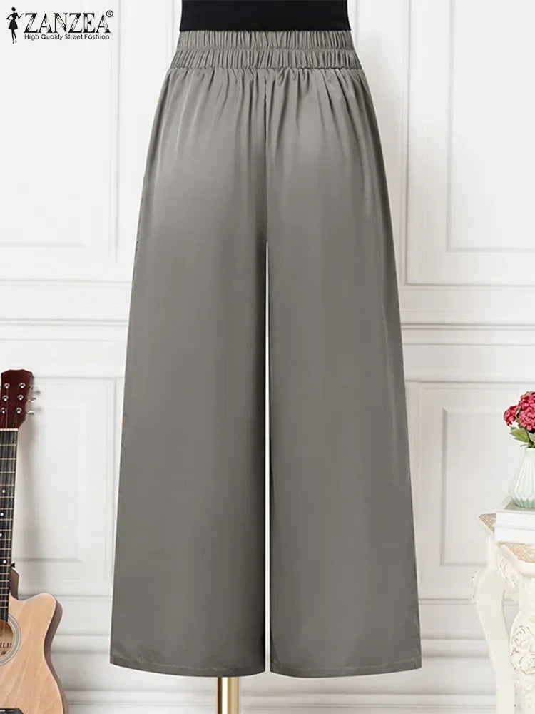 2025 ZANZEA Women High Waist Pants Elegant Wide Leg Long Trouser Satin Silk Formal Pantalons Summer Casual Pocket Office Bottoms
