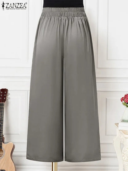 2025 ZANZEA Women High Waist Pants Elegant Wide Leg Long Trouser Satin Silk Formal Pantalons Summer Casual Pocket Office Bottoms