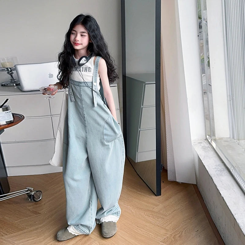 New Fashion Kids Girls Overalls Jumpsuit Jeans Loose Casual Children Denim Bib Suspender Pants Teenagers Denim Dungarees 5-14 T