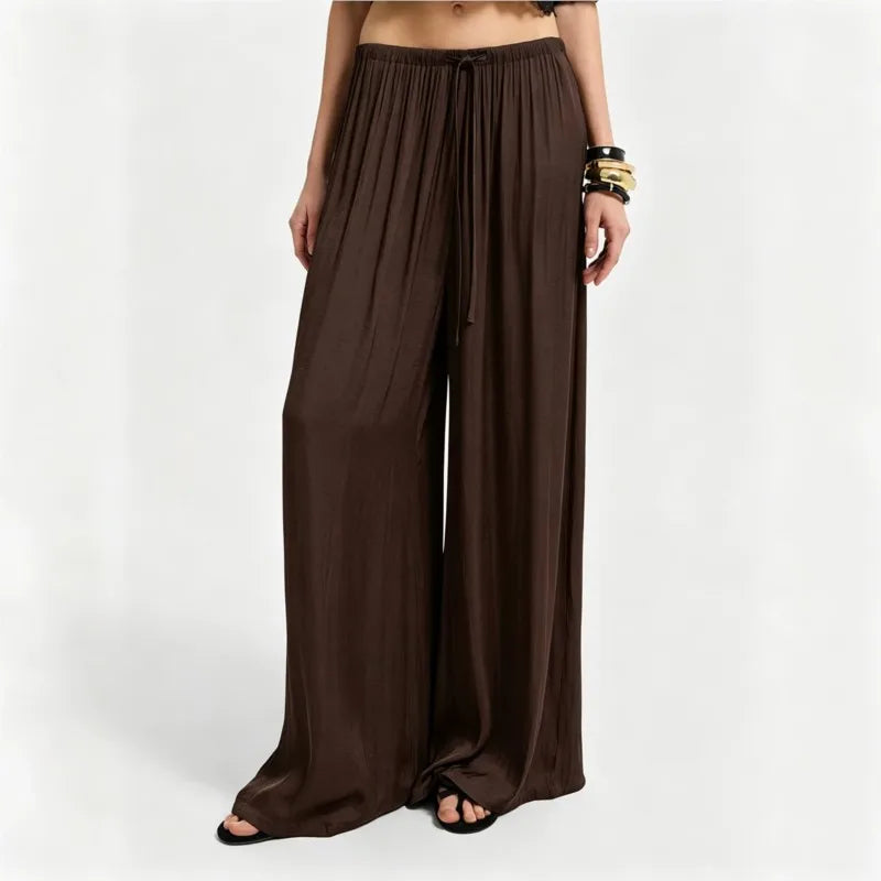 New Women High Waist Wide Leg Pants Spring Summer Draped Casual Trousers Drawstring Elastic Waist Loose Straight Leg Beach Pant