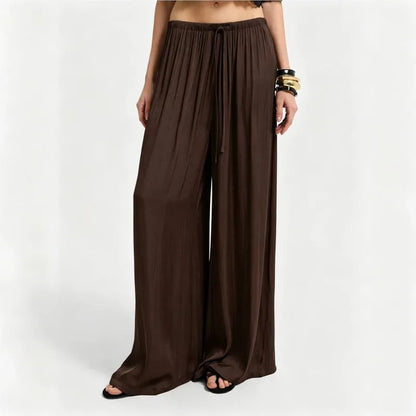 New Women High Waist Wide Leg Pants Spring Summer Draped Casual Trousers Drawstring Elastic Waist Loose Straight Leg Beach Pant