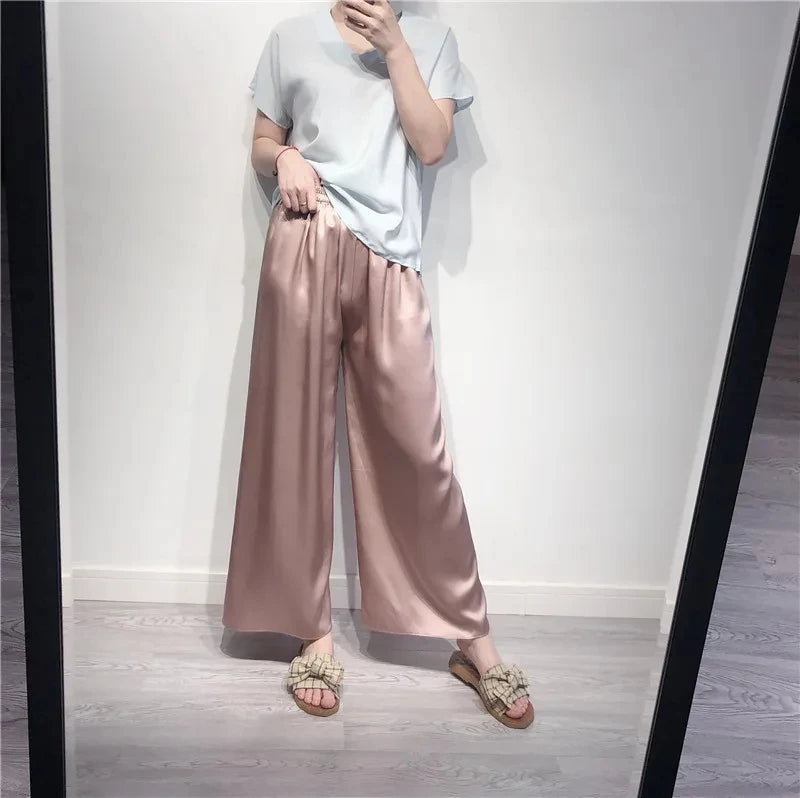 Birdsky, 1pc 100% natural Mulberry Silk Women Loose Cuts Pants Capris wide leg trousers extra size, high waist. S-39