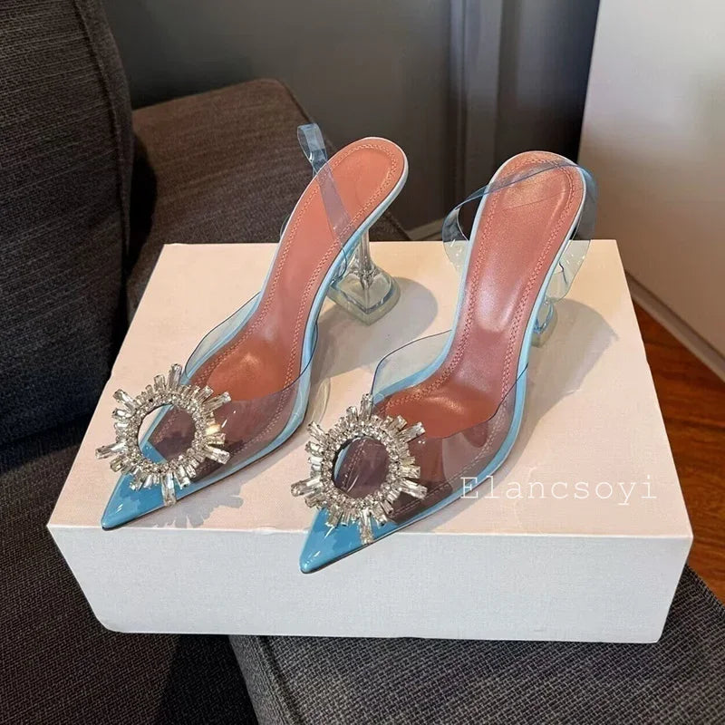 Summer Crystal Flower High Heels Women Transparent PVC Cup Heels Sandals Pointed Toe Back Strap Sandalias Sexy Party Dress Shoes