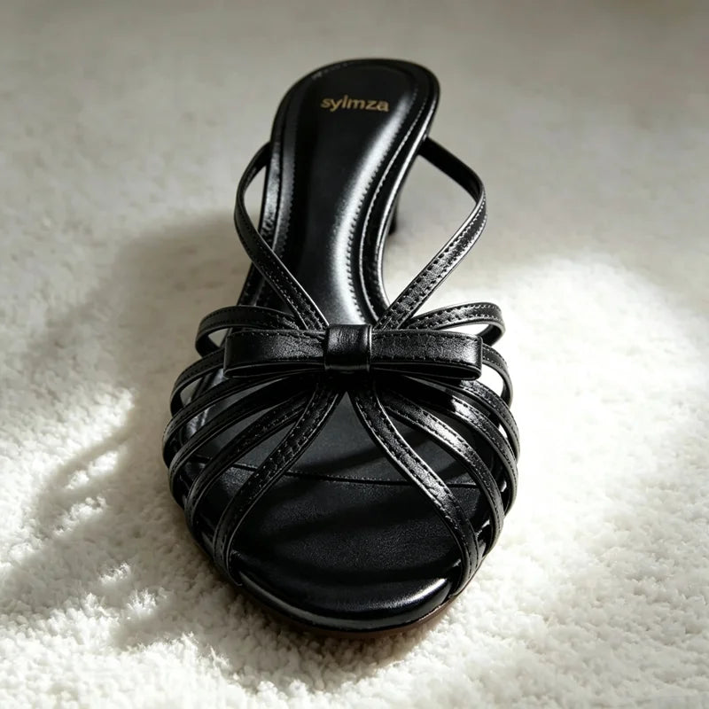Fashion Bow Detail Cage-style Mule Sandals Women Luxury Metallic-effect Black Heels Elegant Round-toe Stiletto Women's Slippers