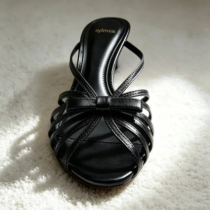 Fashion Bow Detail Cage-style Mule Sandals Women Luxury Metallic-effect Black Heels Elegant Round-toe Stiletto Women's Slippers