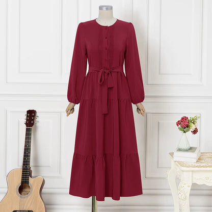 ZANZEA Women Autumn O Neck Long Sleeve Pleated Sundress Elegant Muslim Abaya Dress Maxi Robe Casual Kaftan Stylish Party Dress