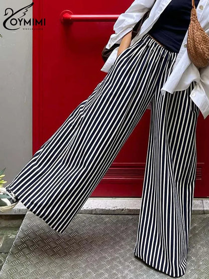 Oymimi Fashion Black Striped Print Women's Pants Elegant High Waist Loose Trousers Casual Straight Full Length Pants Streetwear