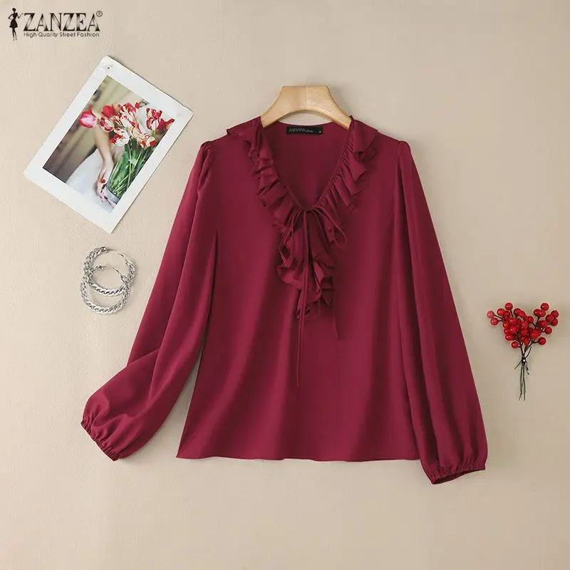 ZANZEA Women's Elegant Ruffles Trim Blouses Lace-Up Detail V-Neck Lantern Sleeves Solid Color Woman Tops Fashion Female Blouse