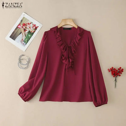 ZANZEA Women's Elegant Ruffles Trim Blouses Lace-Up Detail V-Neck Lantern Sleeves Solid Color Woman Tops Fashion Female Blouse