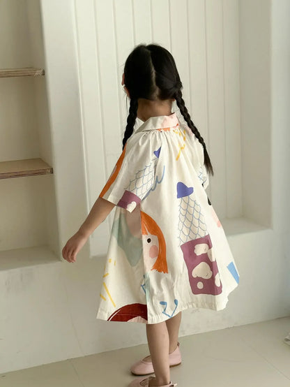 1-8 Y Summer Dress for Girls Adorable Kids Girls Cotton Doodle Print Trendy and Comfort Shirt Dress Perfect Sister Costume