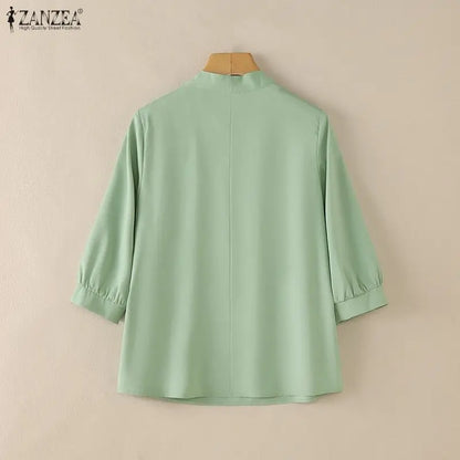 ZANZEA Women Sophisticated Pearls Detail Blouses V-Neck Pleated 3/4 Puff Sleeve Solid Color Tops Office Elegant Blusas de Mujer