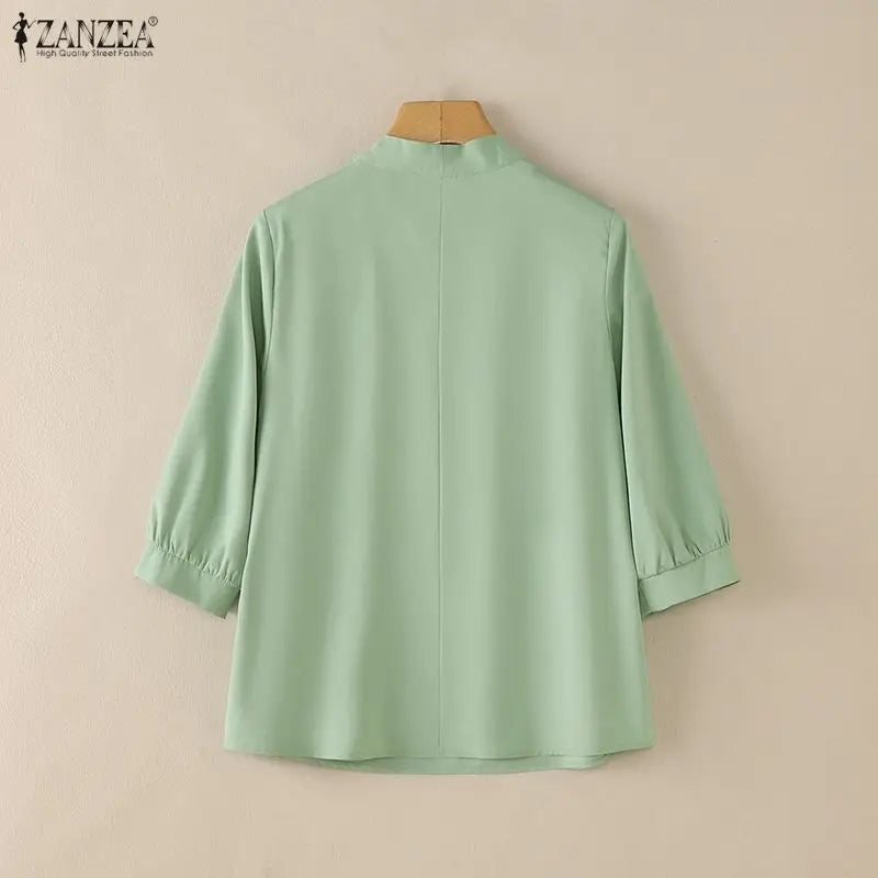 ZANZEA Women Sophisticated Pearls Detail Blouses V-Neck Pleated 3/4 Puff Sleeve Solid Color Tops Office Elegant Blusas de Mujer