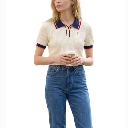 CH Solid Color Embroidered Knit Polo Shirt Women Elegant Short Sleeve Ribbed Trim Office Casual Tops
