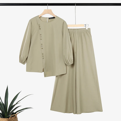 ZANZEA 2026 Summer Women Long Sleeve Irregular Blouse Wide Leg Pant Sets Muslim 2 Piece Sets Solid Color Work Outfits Tracksuit