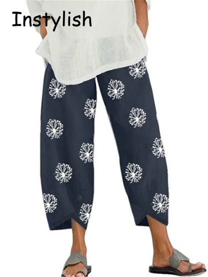 Vintage Cotton and Linen Loose Harem Pants Casual High Waist Wide Leg Trousers Women Harajuku Printed Baggy Pants Oversized