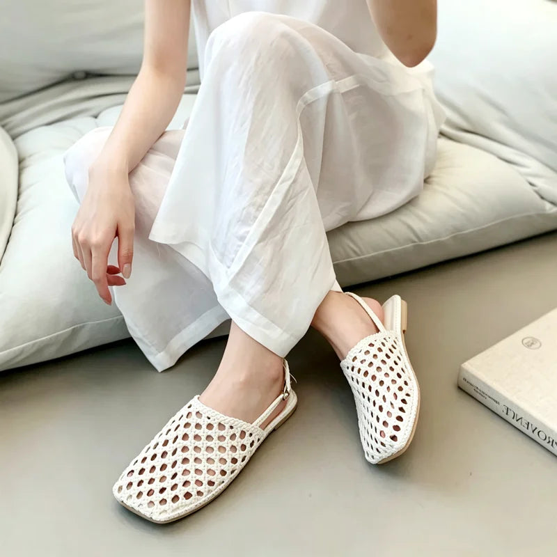 High Quality Hollow Woven Flat Sandals Women Square Toe Back Strap Detail Lolita Style Shoes Summer Comfortable Women's Shoes