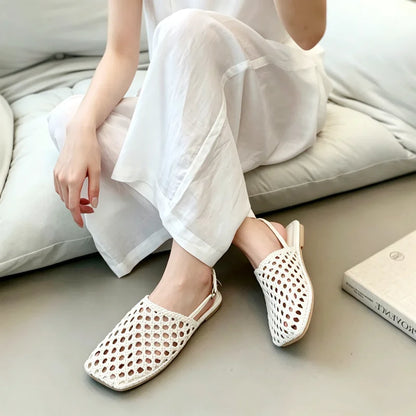 High Quality Hollow Woven Flat Sandals Women Square Toe Back Strap Detail Lolita Style Shoes Summer Comfortable Women's Shoes