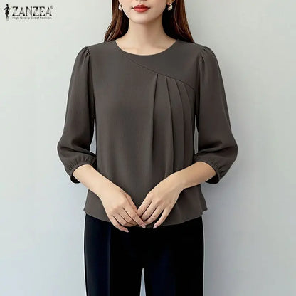 ZANZEA Women's Elegant Pleated Detail Blouses O-Neck 3/4 Puff Sleeve Crinkled Fabric Tops Solid Color Casual Blusas de Mujer 3XL