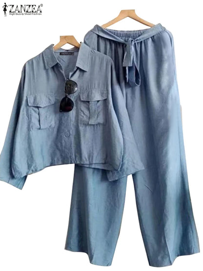2024 Autumn Tracksuits ZANZEA Fashion Women Long Sleeve Shirt Pant Sets Solid Work Trousers Suit 2PCS Outfits Loose Matching Set