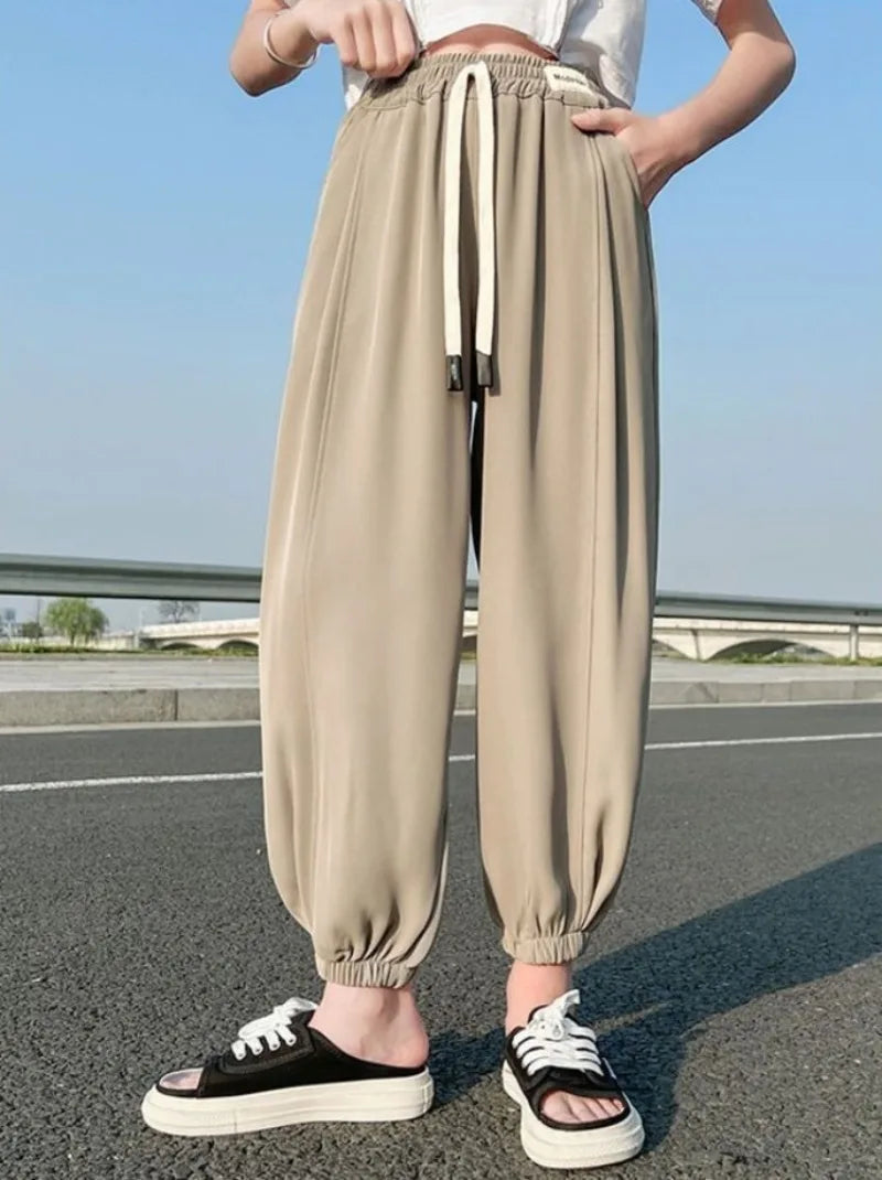 Girls' Mosquito Repellent Summer Tapered Pants Viscose Lightweight Loose Fitting Harem Pants with Elastic Cuffs for Activities