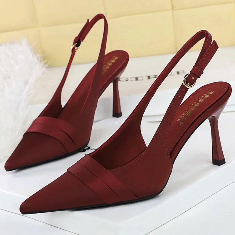 BIGTREE Shoes Women Pumps Silks Satins Stiletto Heels 9 Cm Hollow Out Hook Strap High Heeled Sandals Women Summer Shoes Buckle