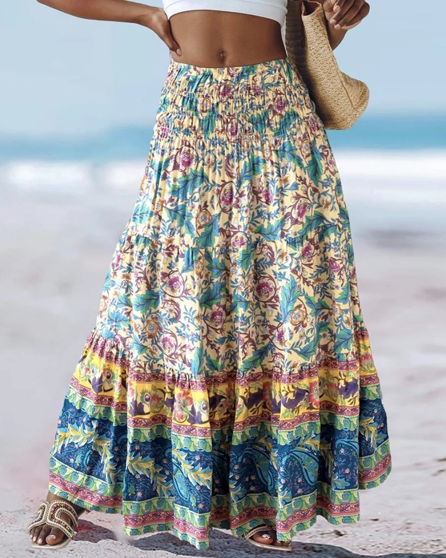 Womens Boho Floral Print Tiered Maxi Skirt High Waist Smocked Beach Long Skirt for Summer