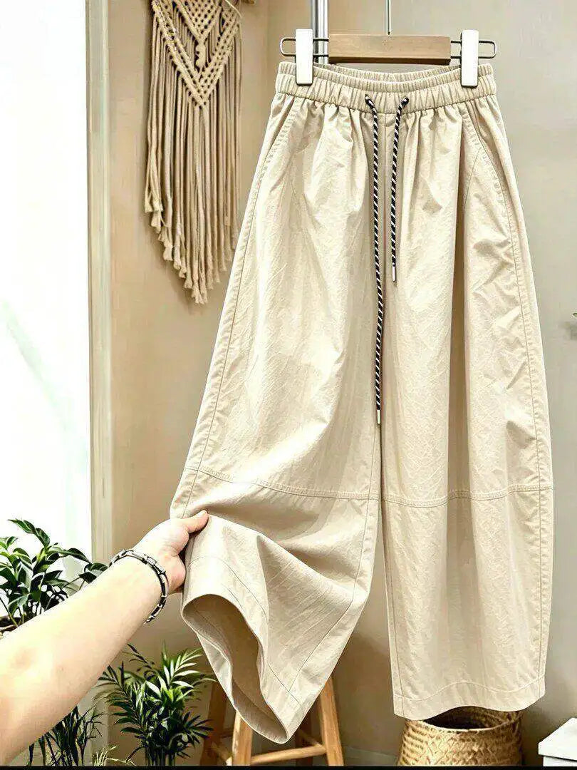 Loose Casual Pants Women Summer Large Size Comfortable Small Nine Points Balloon Pants High Waist Straight Leg Pure Color