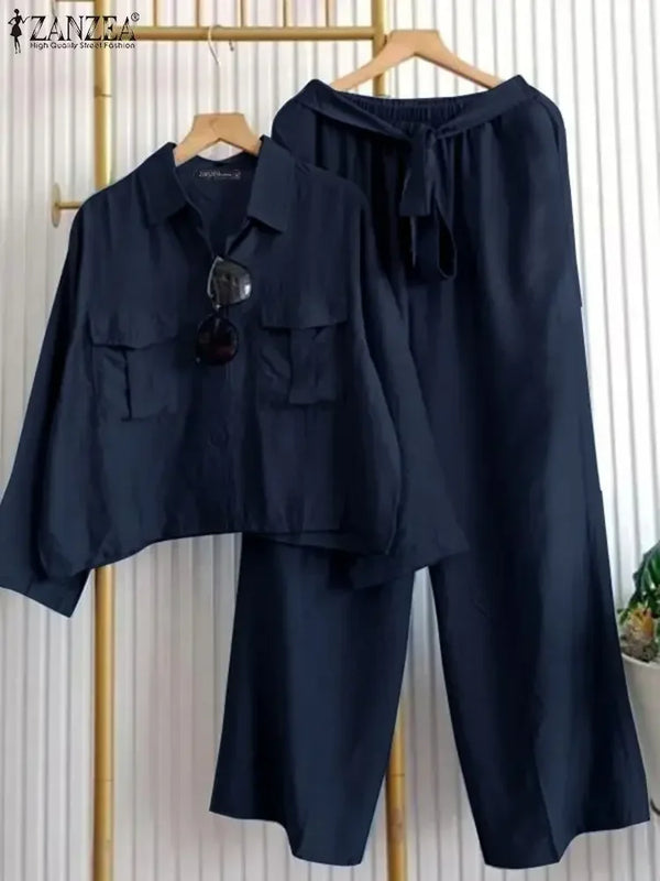 2025 ZANZEA 2-Piece Pant Sets for Woman Outfits, Long Sleeve Shirts and Tied-Waist Wide Leg Pants, Casual Loose Suits Workwear