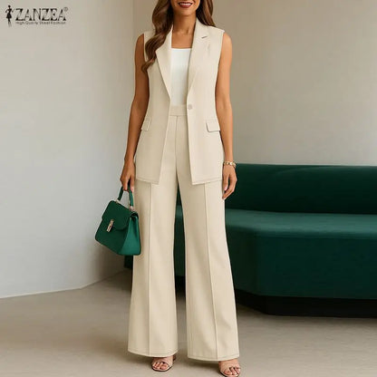 ZANZEA Women's Elegant Matching Pant Sets Summer Lapel Collar Vests Tops & Wide Leg Pants 2 Piece Suits Commute Work Tracksuits