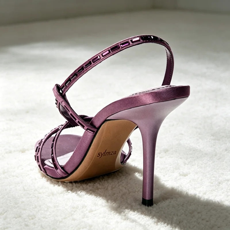 Rhinestone Detail Purple Heeled Sandals Women Cross-Strap High Heels for Ladies Summer Elegant Women's Shoes Sandalias De Mujer