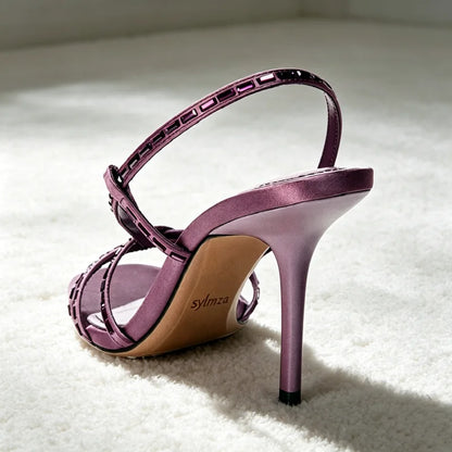 Rhinestone Detail Purple Heeled Sandals Women Cross-Strap High Heels for Ladies Summer Elegant Women's Shoes Sandalias De Mujer