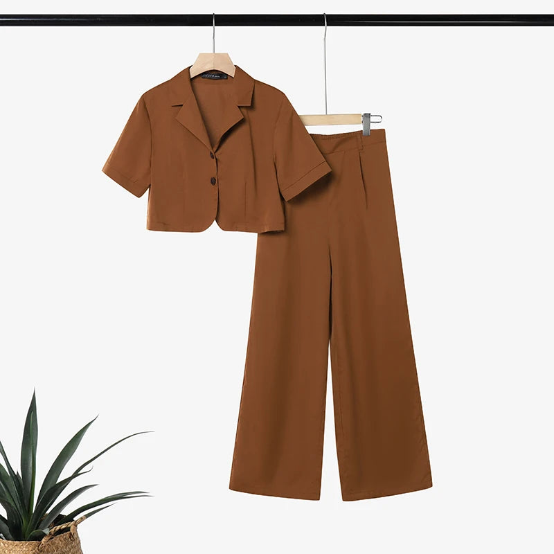 ZANZEA Women's Summer 2 Piece Pant Sets Wide Leg Pant & Lapel Collar Short Sleeve Crop Top 2pc Suits Casual Commute Work Outfits