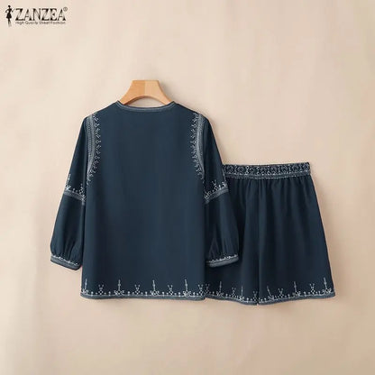 ZANZEA Women 2 Pieces Matching Short Sets 3/4 Puff Sleeve Blouses & Elastic Waist Shorts Suits Summer Vacation Ethnic Print Sets