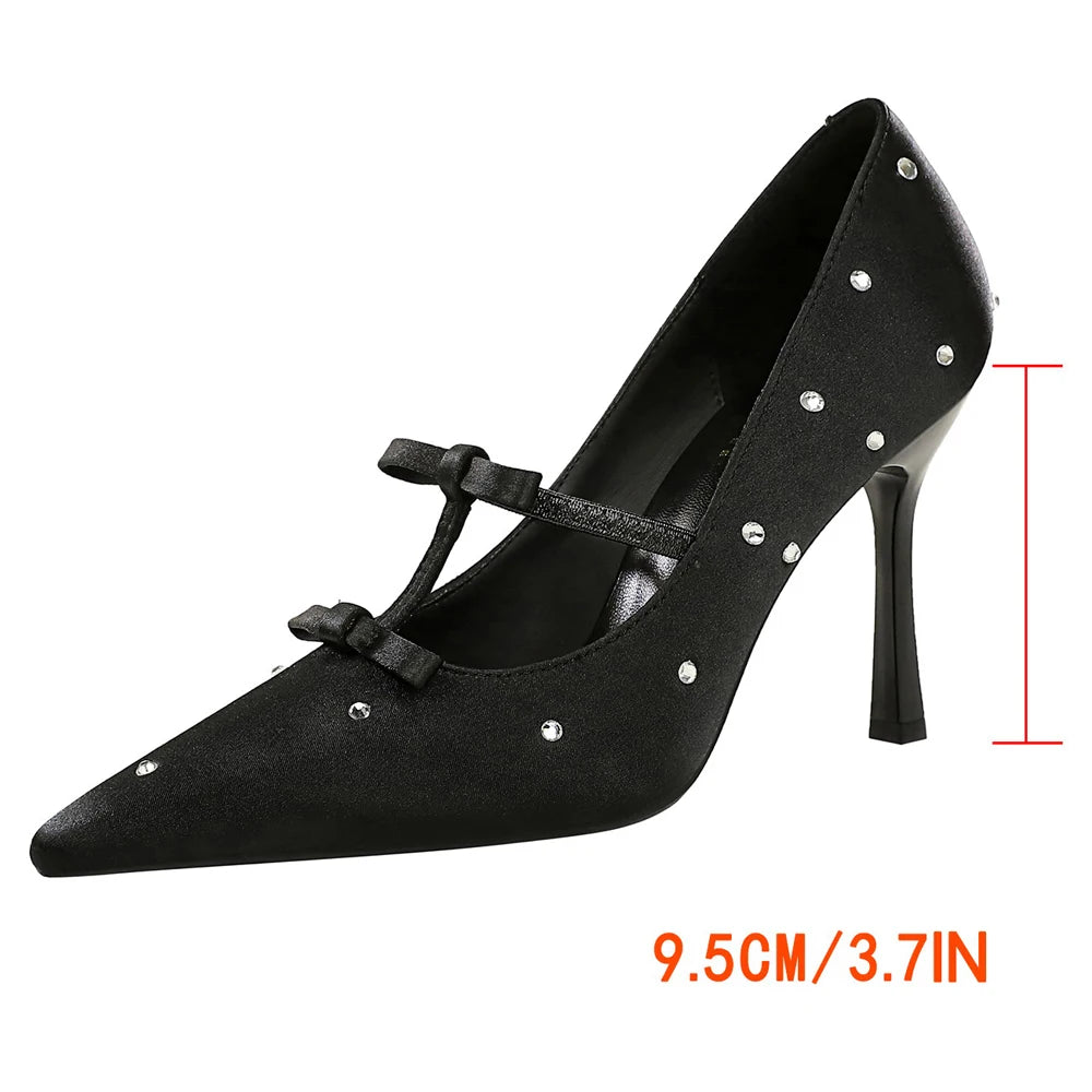 BIGTREE Shoes Women Pumps Rhinestone Design High Heels Satin Bowknot Women Heels Stiletto 9.5cm Sexy Party Shoes Banquet Shoes