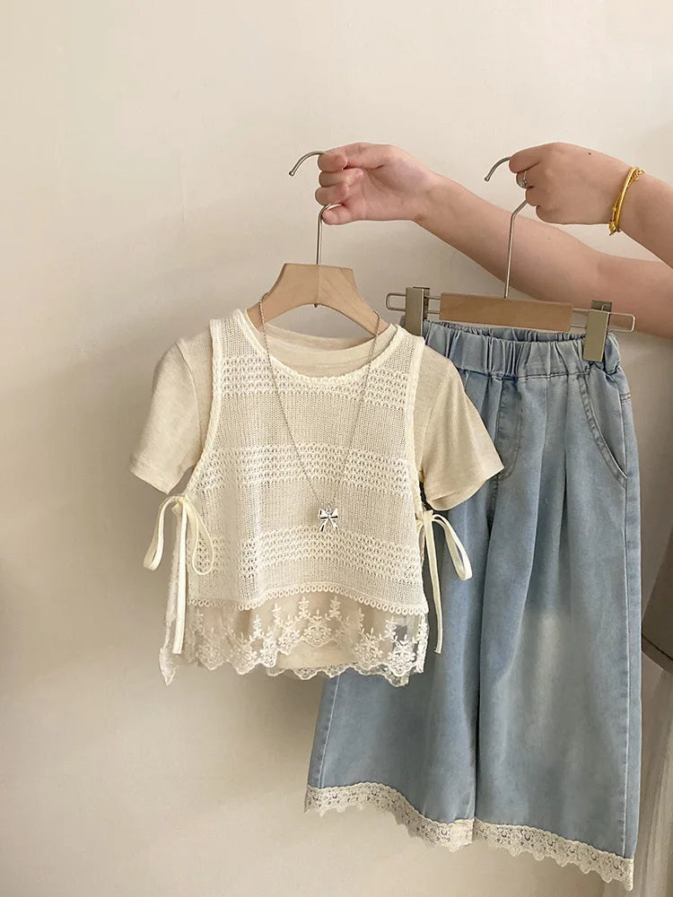 Girls' Summer New Korean Style Hollow Out Lace Trim Tank Top Solid Color Short Sleeve Casual Denim Three-Piece Set