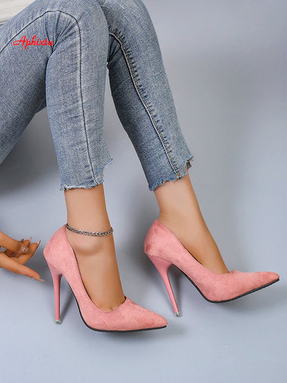 Aphixta 4.72 Inch Super High Stiletto Heels Pumps Women Solid Office Flock Pointed Toe Party Shoes Woman Plus Large Size 44 45