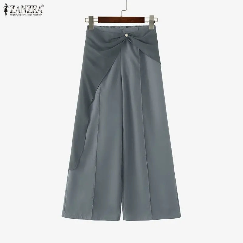 ZANZEA Women Pants Patchwork Summer Autumn Fashion Wide Leg Pants Solid Color Female Loose Bottoms Streetwear 3XL Oversize