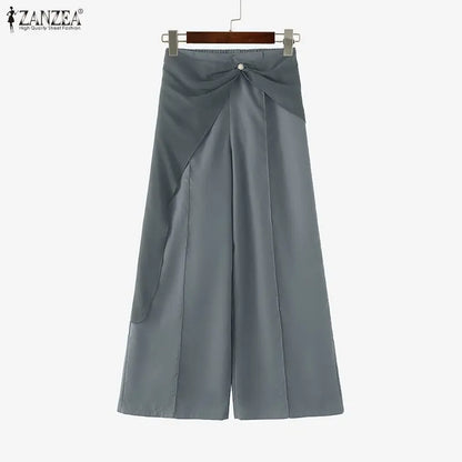 ZANZEA Women Pants Patchwork Summer Autumn Fashion Wide Leg Pants Solid Color Female Loose Bottoms Streetwear 3XL Oversize
