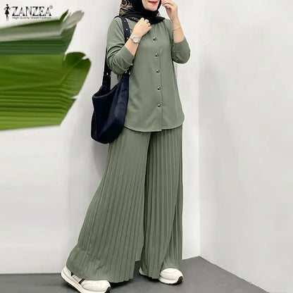 ZANZEA Women Muslim 2 Pieces Sets Casual O Neck Long Sleeve Buttons Up Blouse Wide Leg Pleated Pants Sets Ramadan Hijab Outfits