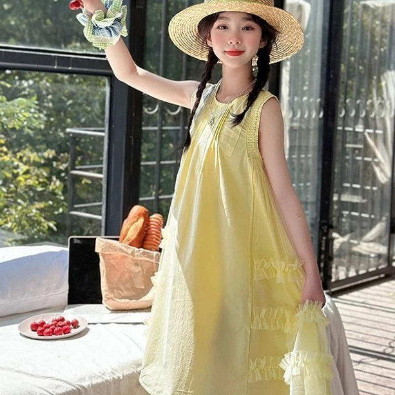 Country-style Vest Fashion Dress Princess Girl Kids Dresses for Girls Holiday 2025 Puffy White Children's Girl's Clothes Elegant