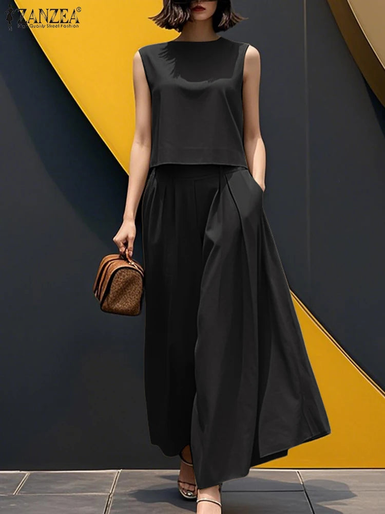 ZANZEA Woman Fashion 2-Pieces Sets Summer Sleeveless Crop Tops & Wide Leg Pants 2pcs Suits Outfit Elegant Casual Loose Pant Sets