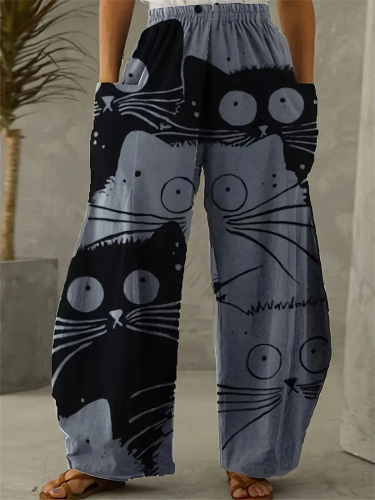 Women's Large Size Cartoon Cat Loose Wide-legged Pants Fall And Winter Casual Elastic Waist Pants Home Large Size Women Clothing