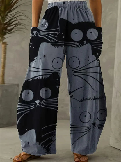 Women's Large Size Cartoon Cat Loose Wide-legged Pants Fall And Winter Casual Elastic Waist Pants Home Large Size Women Clothing