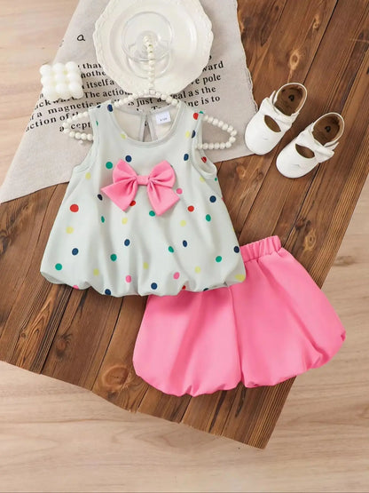 Baby Girl's Colorful Polka Dot Print Sleeveless Bloomer Top with Butterfly Knot And Pink Bloomer Shorts Summer Cute Style Set