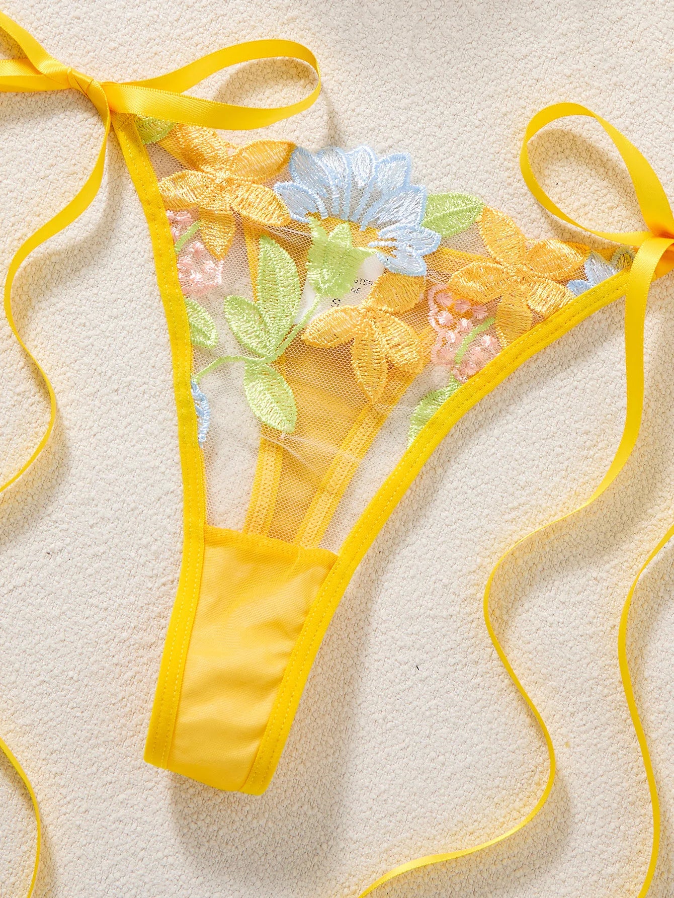 Women Yellow Floral Embroidery Lingerie Set Bow Tie Side Sheer Mesh Bra And Thong 2‑Pieces Intimate Underwear ZA825291