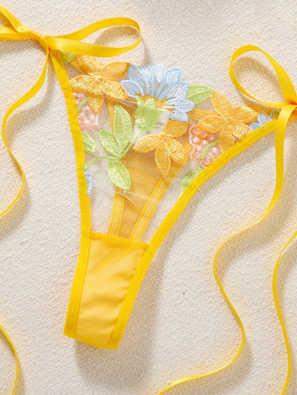 Women Yellow Floral Embroidery Lingerie Set Bow Tie Side Sheer Mesh Bra And Thong 2‑Pieces Intimate Underwear ZA825291