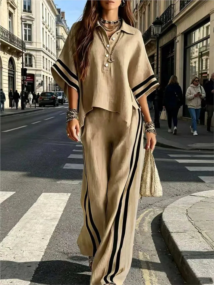 Spring Summer Women Short Sleeve Lapel Shirts Tops + Loose Striped Pants Female Casual Two-piece Clothing Set Casual Holiday Set